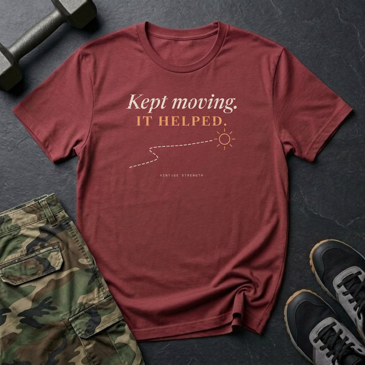 Kept Moving. It Helped. T-Shirt in Heather Cardinal