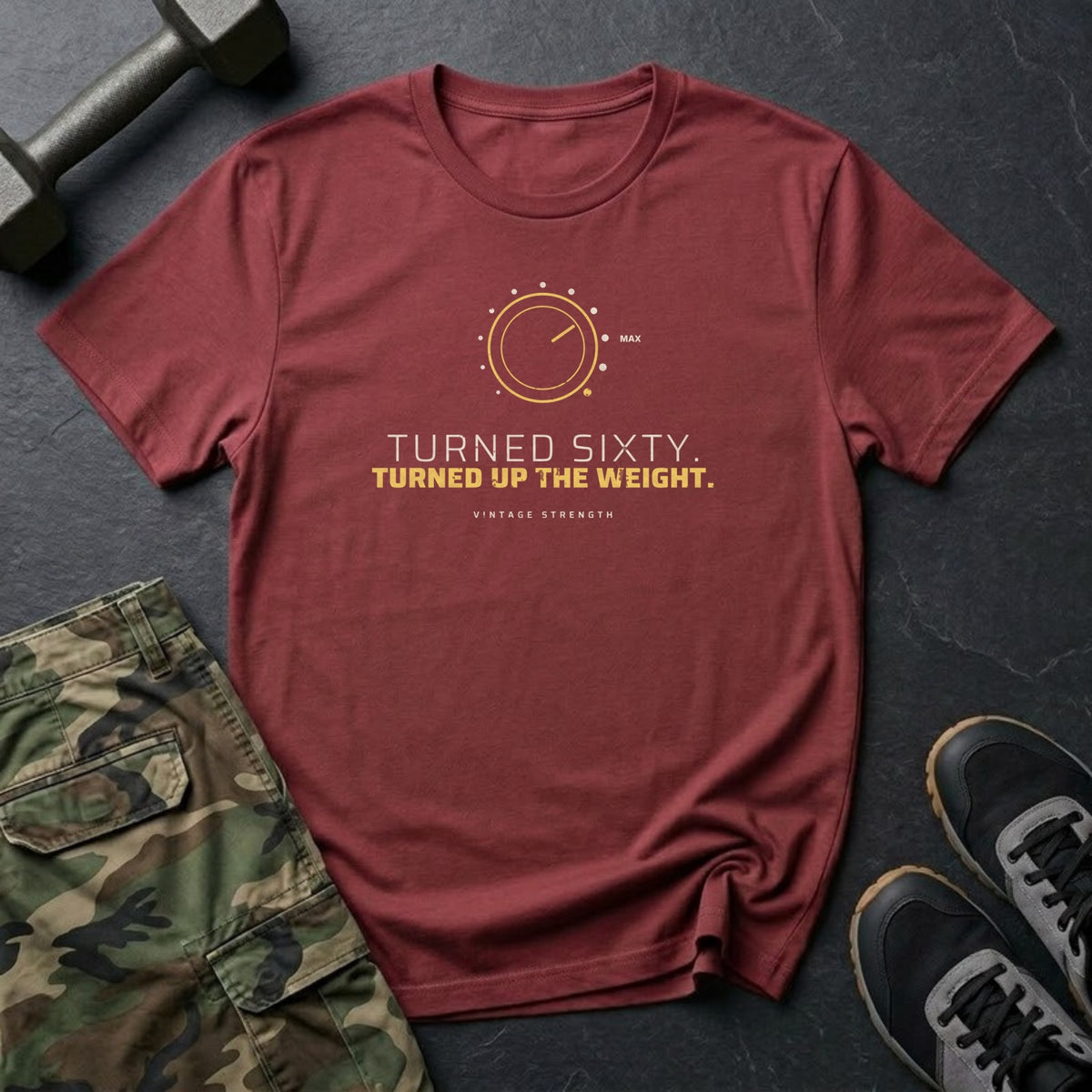 Turned Sixty. Turned Up the Weight. T-Shirt in Heather Cardinal
