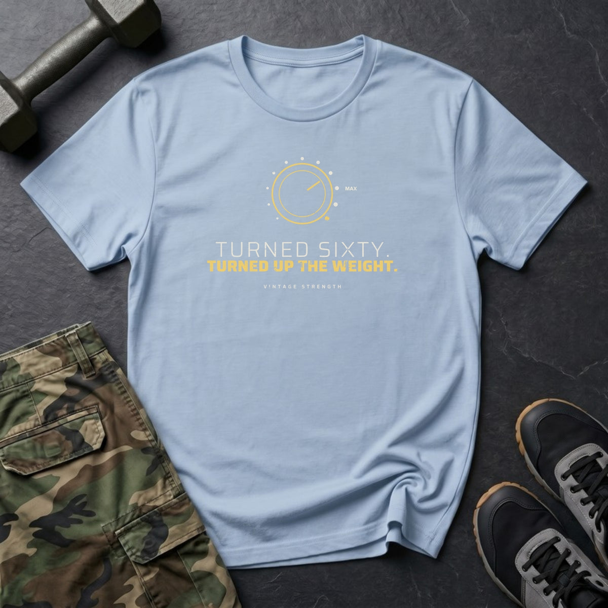 Turned Sixty. Turned Up the Weight. T-Shirt in Heather Navy