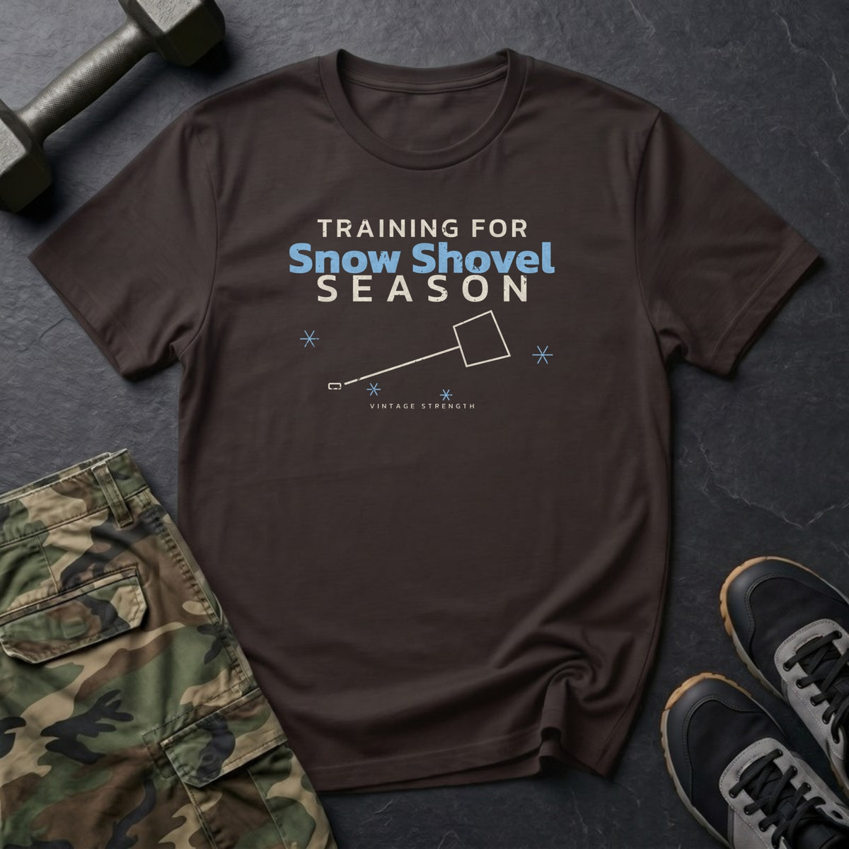 Training for Snow Shovel Season T-Shirt in Dark Chocolate