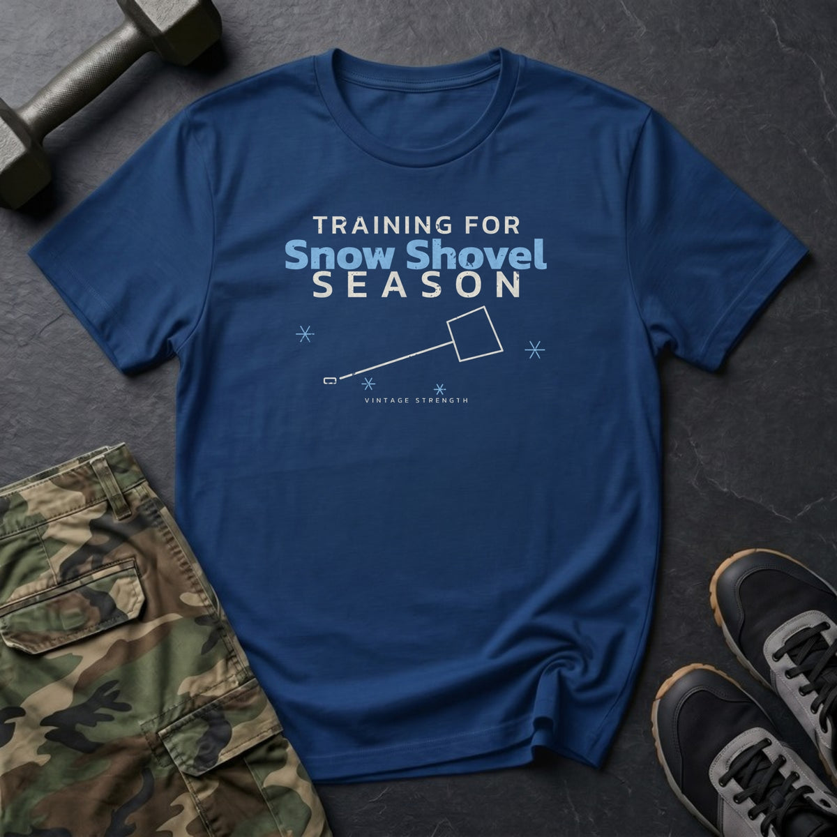 Training for Snow Shovel Season T-Shirt in Heather Navy