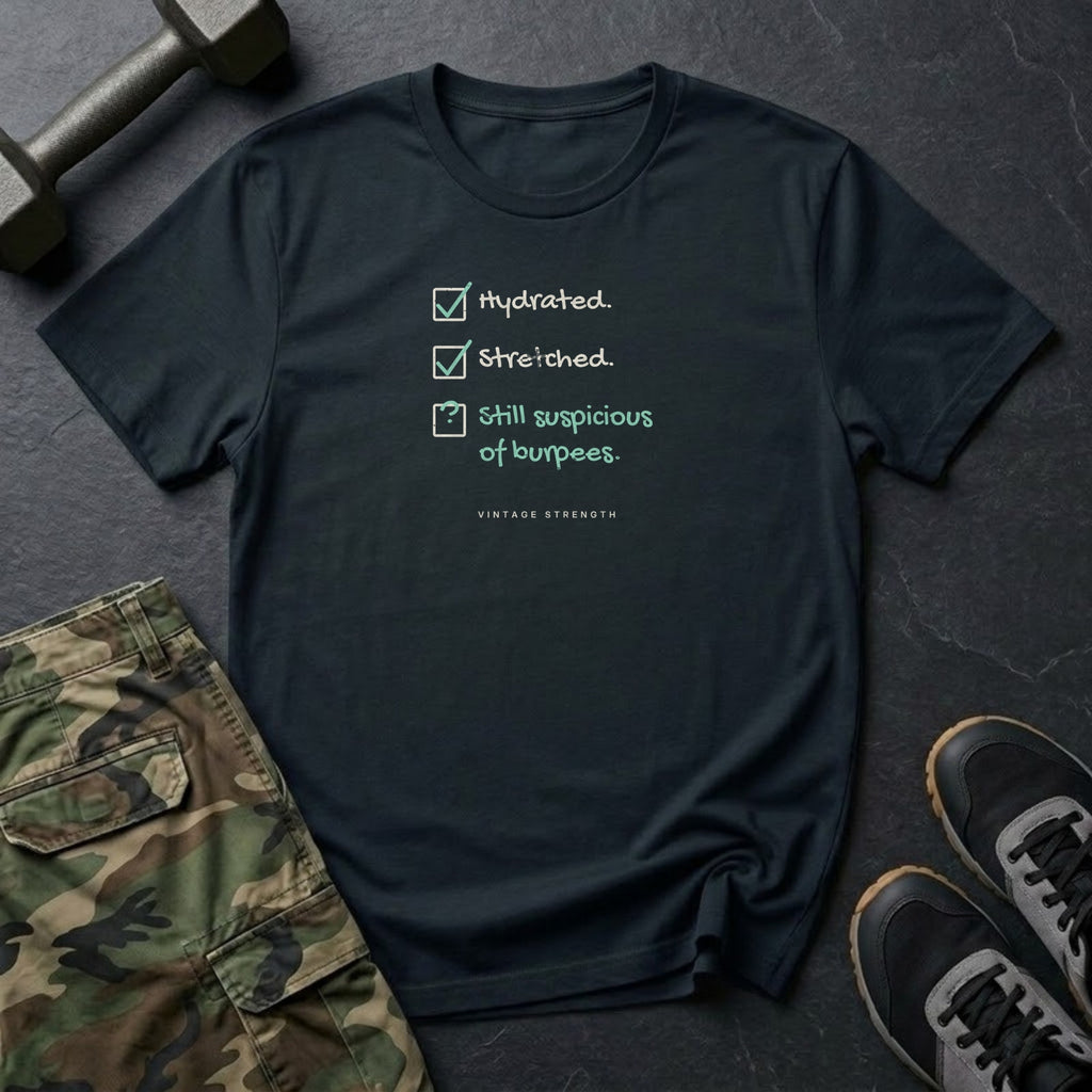 Hydrated. Stretched. Still Suspicious of Burpees. T-Shirt in Black