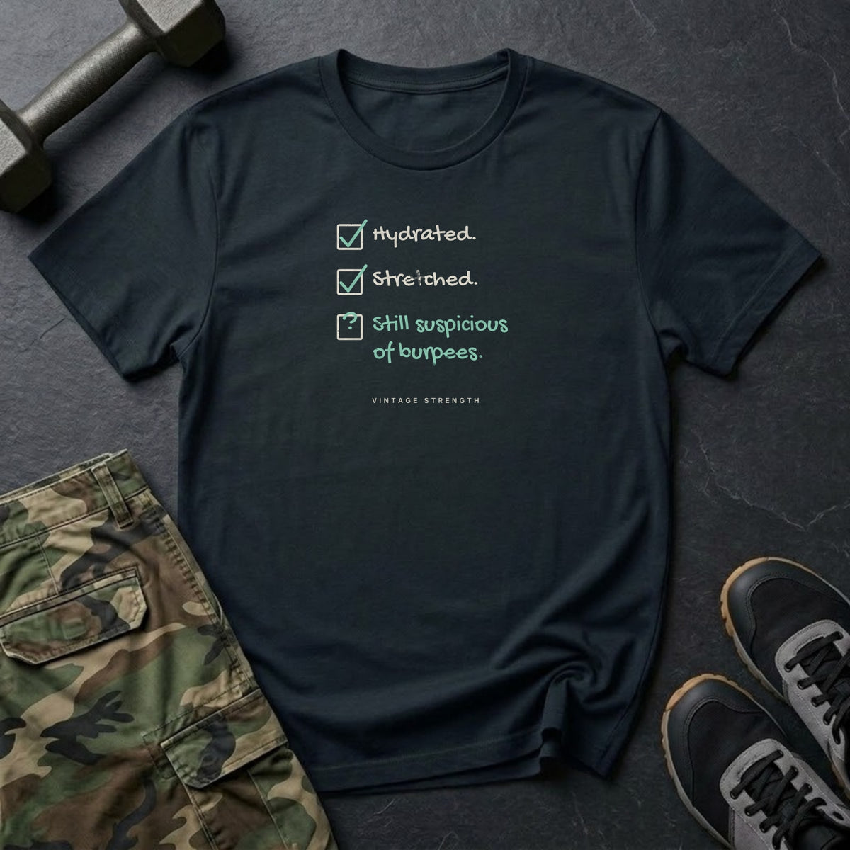 Hydrated. Stretched. Still Suspicious of Burpees. T-Shirt in Black