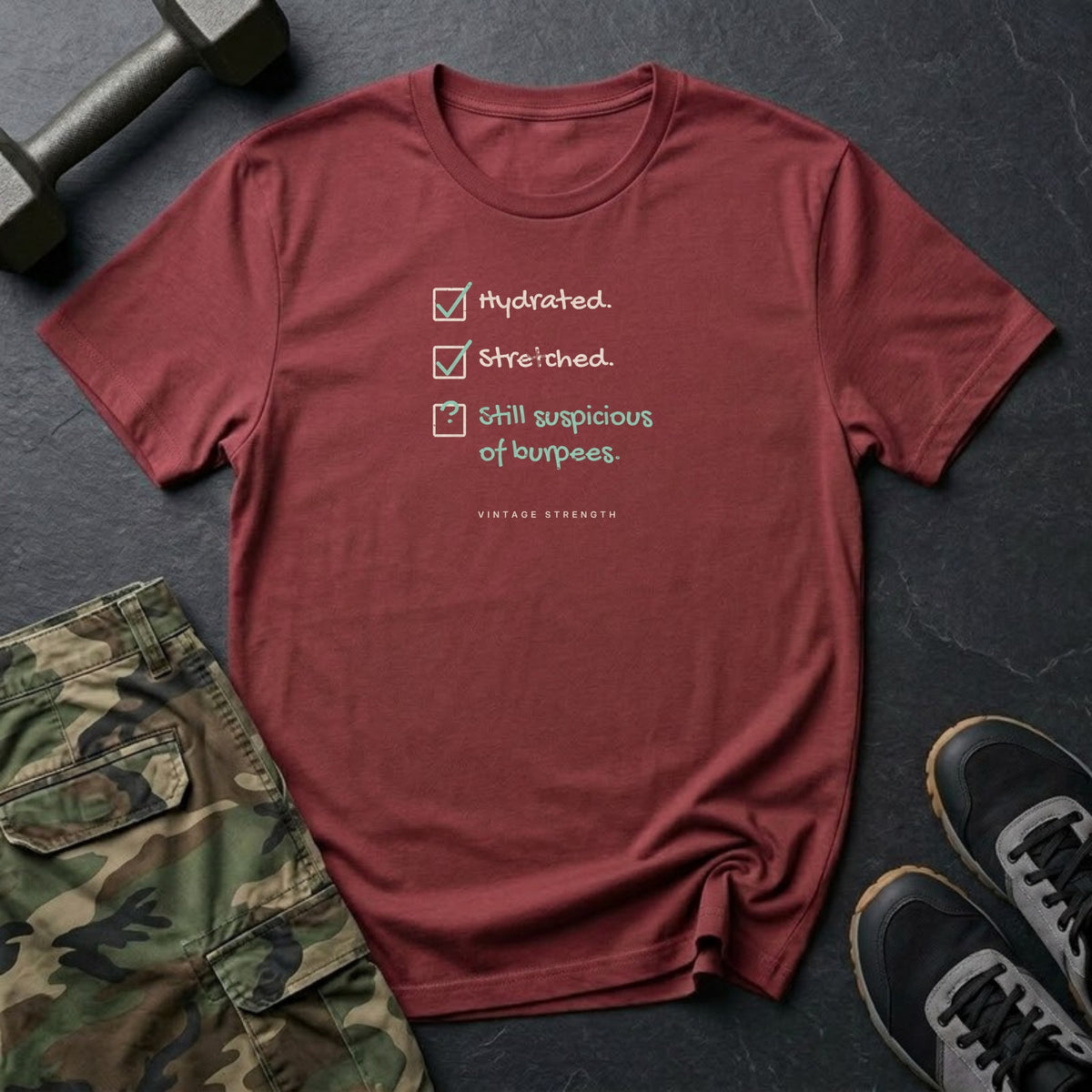 Hydrated. Stretched. Still Suspicious of Burpees. T-Shirt in Heather Cardinal
