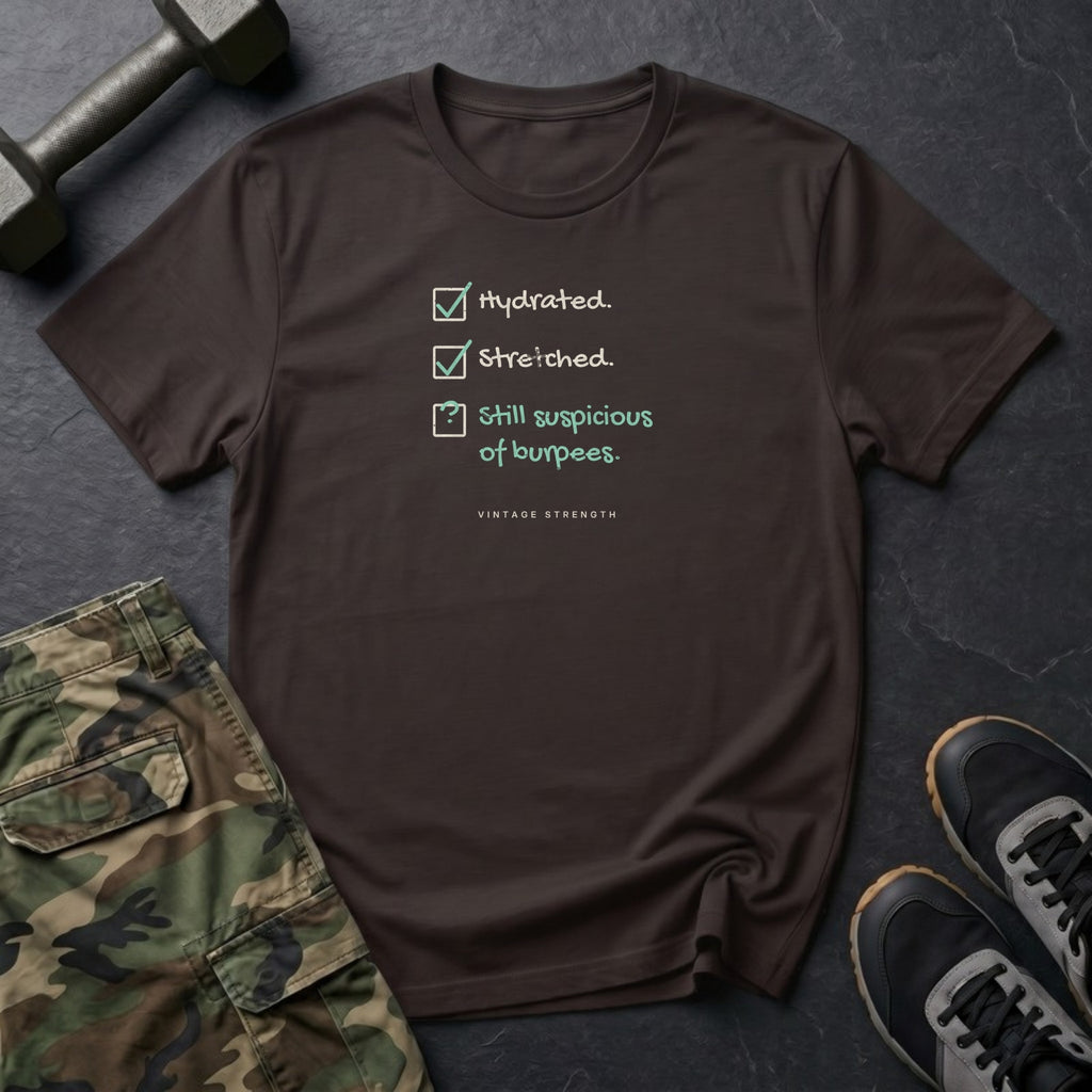 Hydrated. Stretched. Still Suspicious of Burpees. T-Shirt in Dark Chocolate