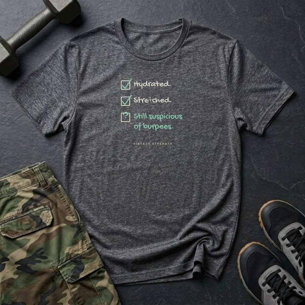 Hydrated. Stretched. Still Suspicious of Burpees. T-Shirt in Dark Heather
