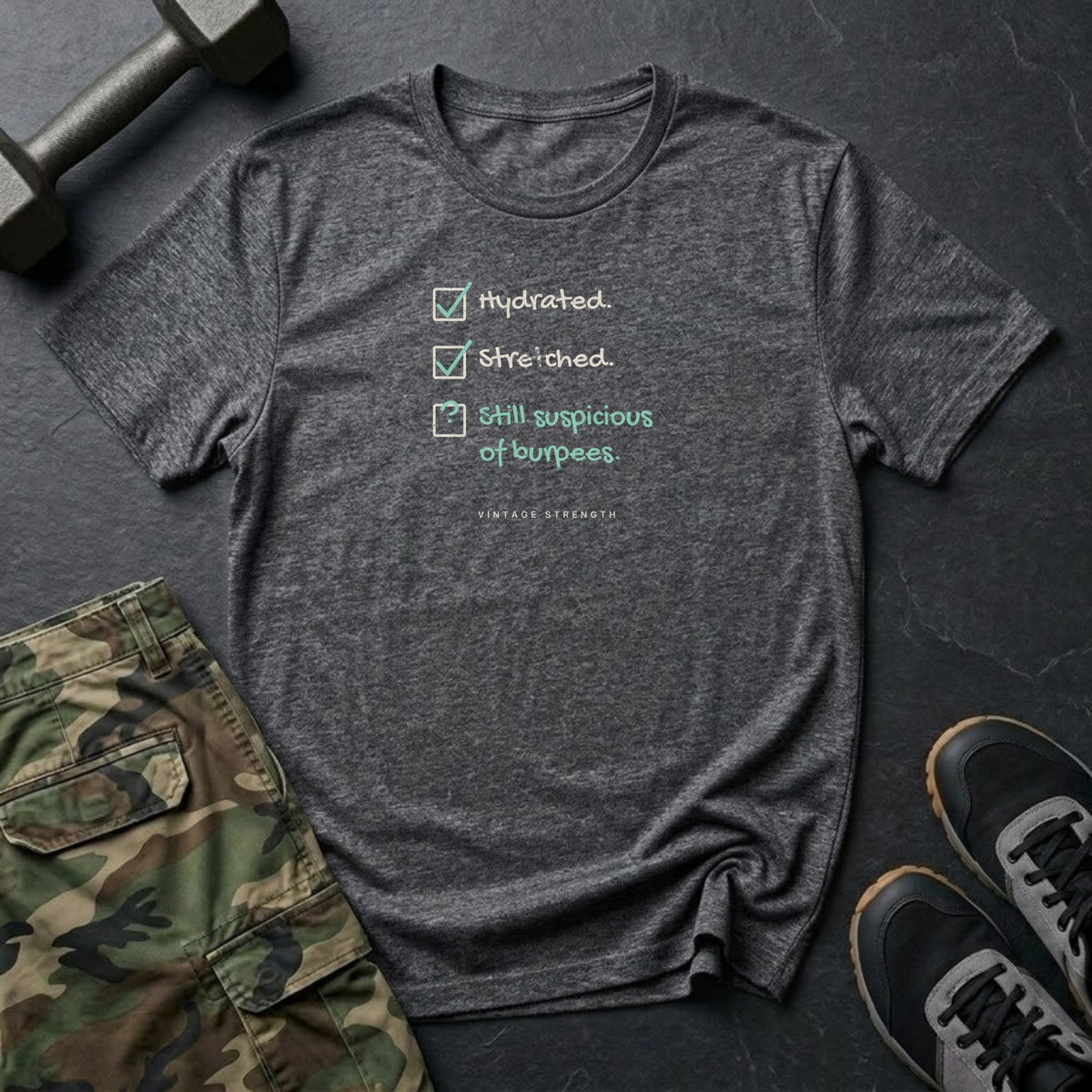 Hydrated. Stretched. Still Suspicious of Burpees. T-Shirt in Dark Heather