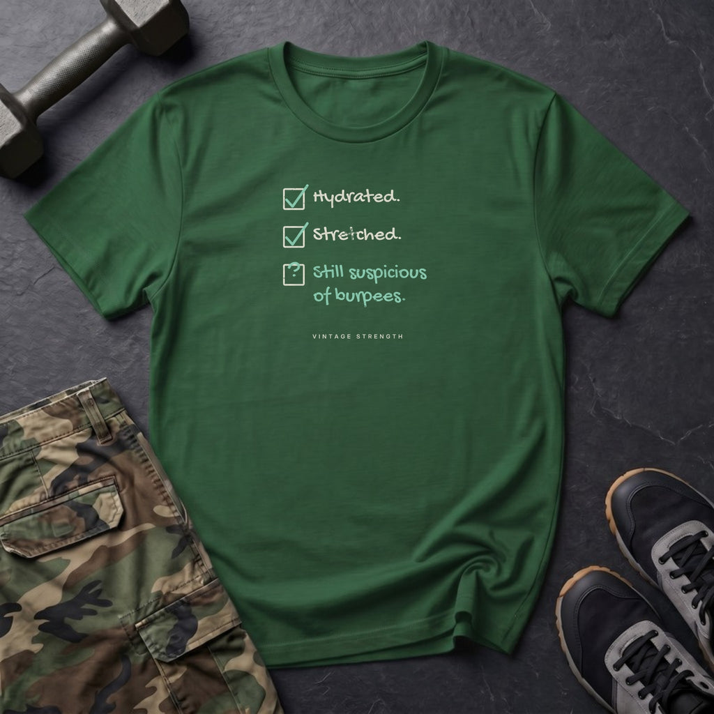 Hydrated. Stretched. Still Suspicious of Burpees. T-Shirt in Forest Green