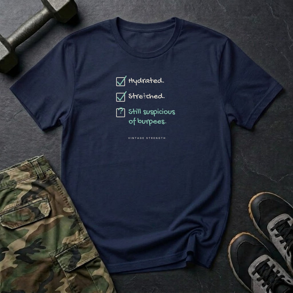 Hydrated. Stretched. Still Suspicious of Burpees. T-Shirt in Navy