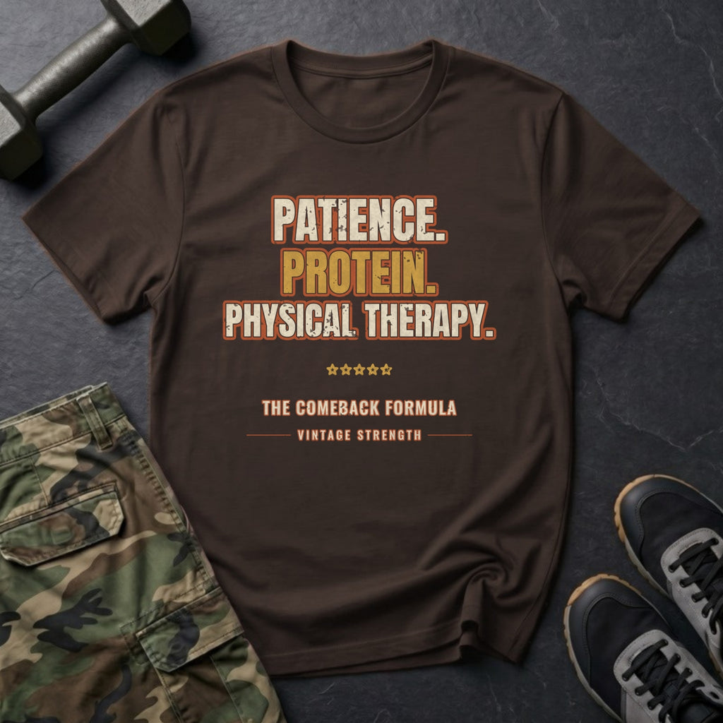 Patience, Protein and Physical Therapy T-Shirt in Dark Chocolate
