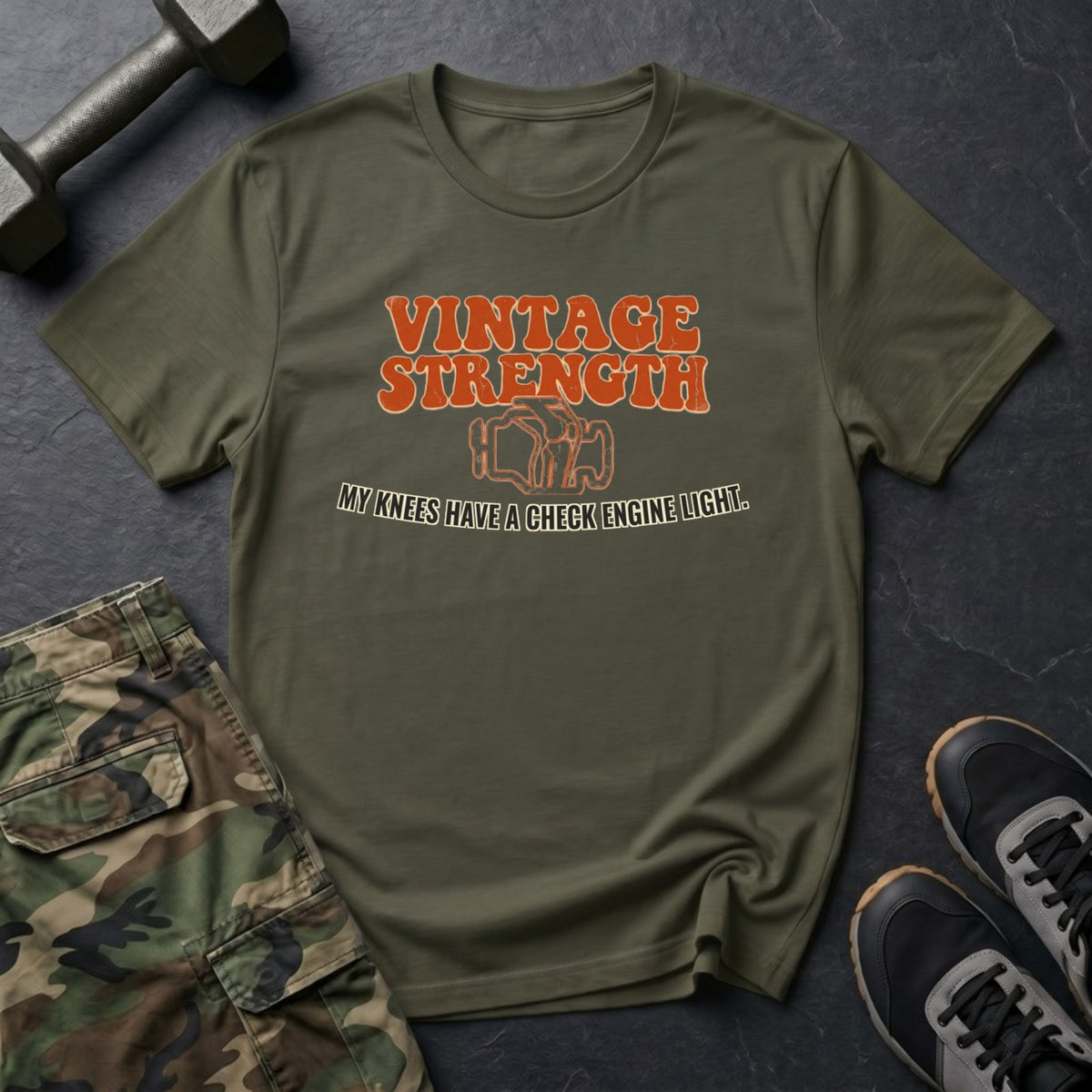 My Knees Have a Check Engine Light T-Shirt in Military Green