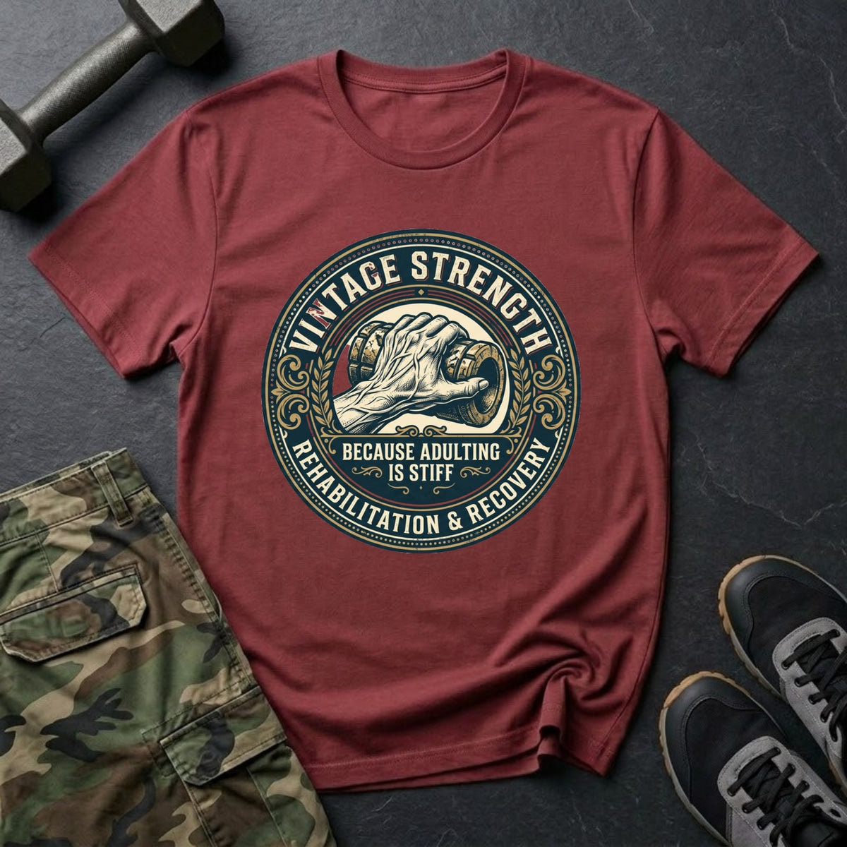Because Adulting Is Stiff - Recovery T-Shirt in Heather Cardinal
