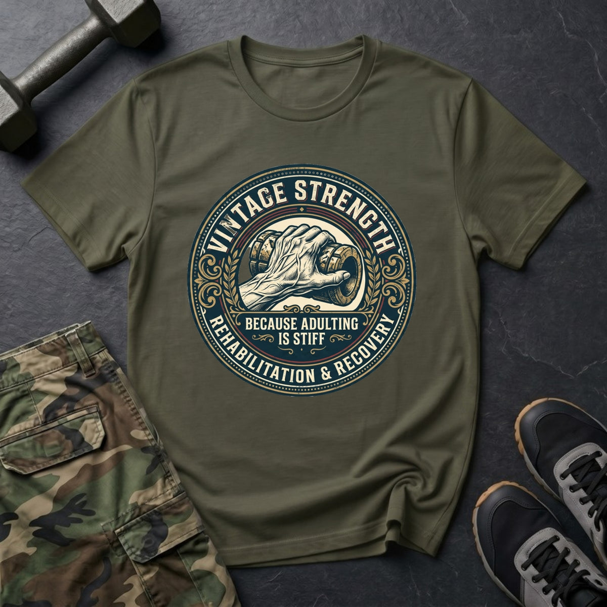 Because Adulting Is Stiff - Recovery T-Shirt in Military Green
