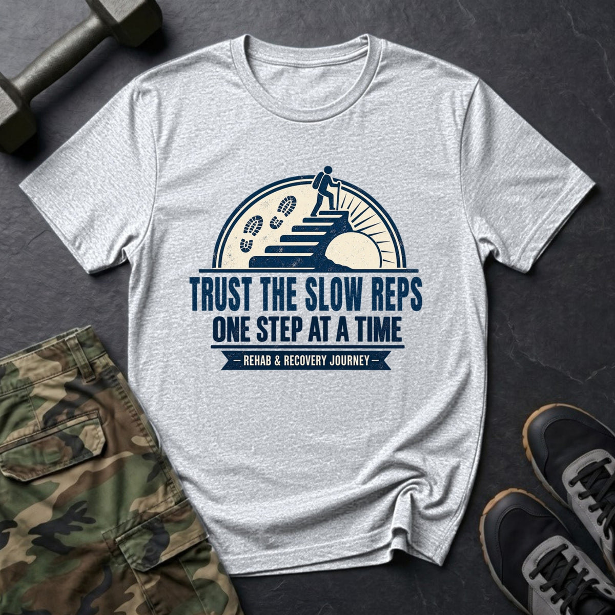 Trust the Slow Reps - Recovery Badge T-Shirt in Ice Grey