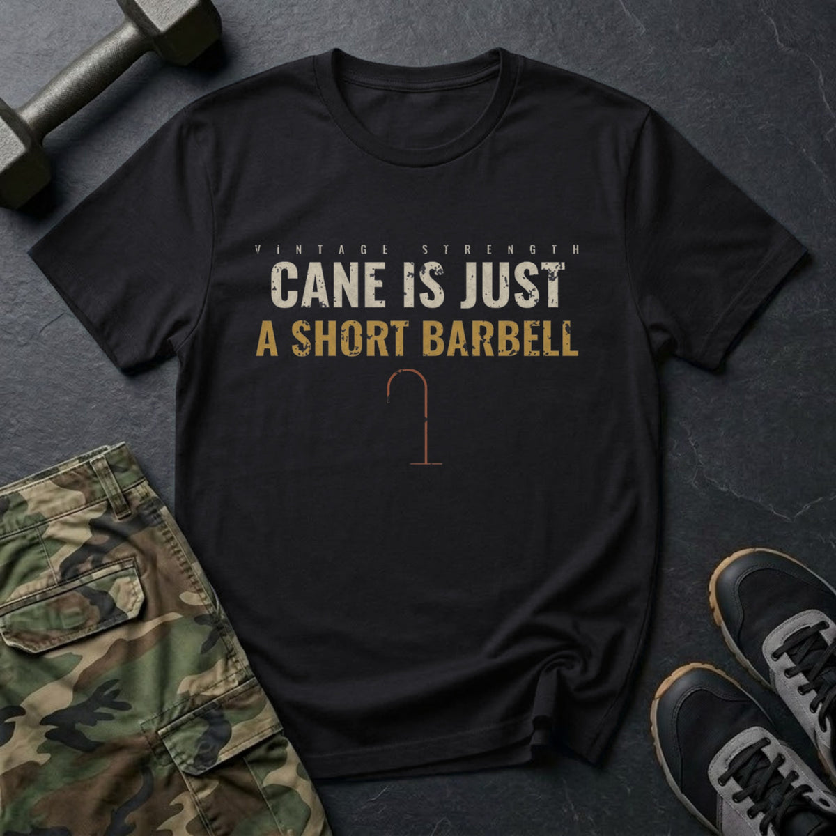 Cane Is Just a Short Barbell T-Shirt in Black