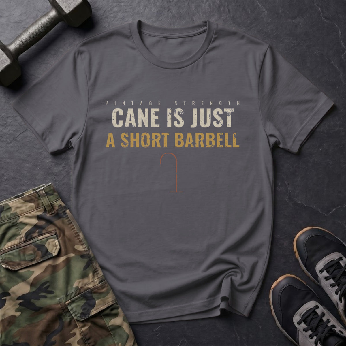 Cane Is Just a Short Barbell T-Shirt in Charcoal