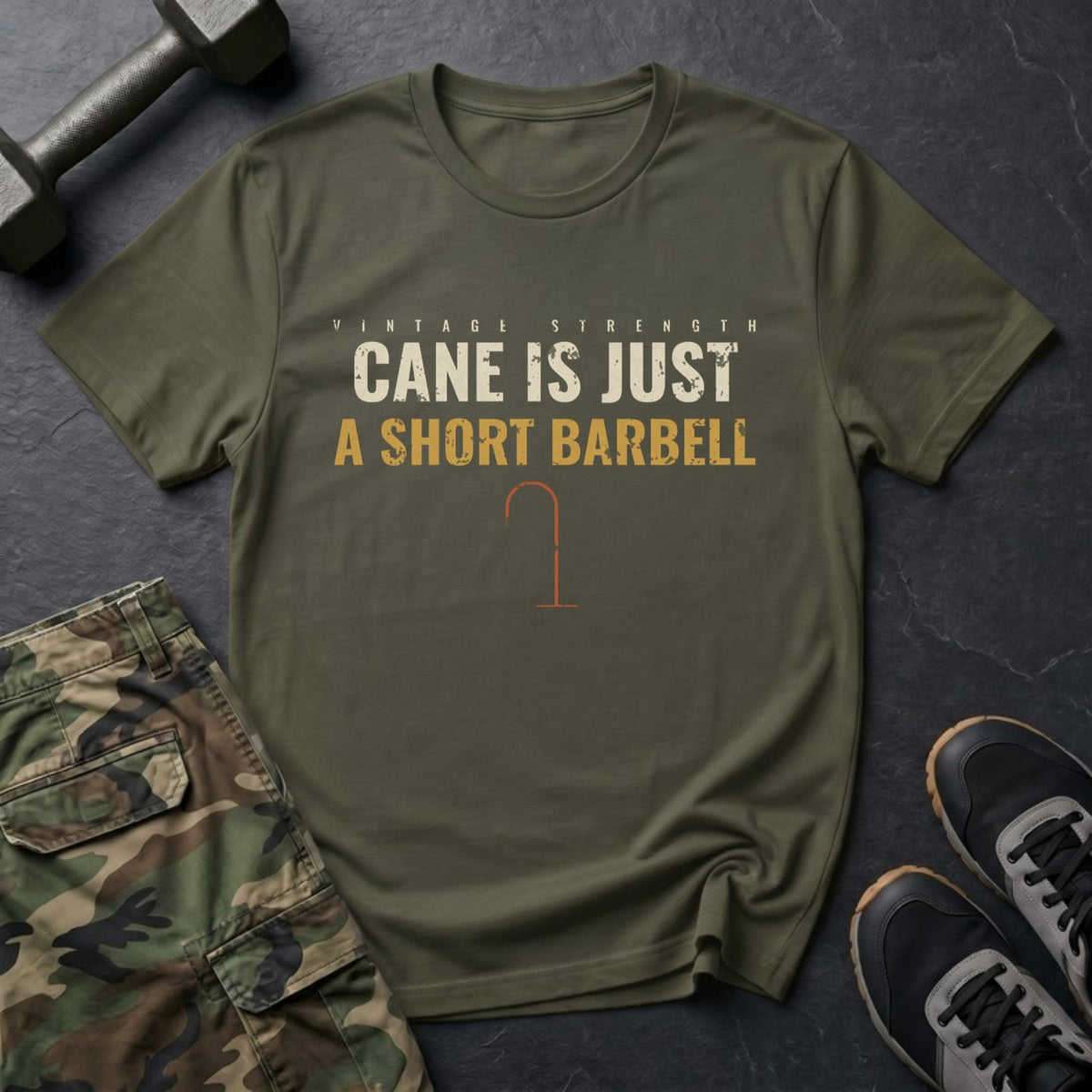 Cane Is Just a Short Barbell T-Shirt in Military Green