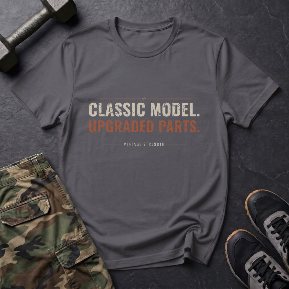 Classic Model, Upgraded Parts T-Shirt in Charcoal