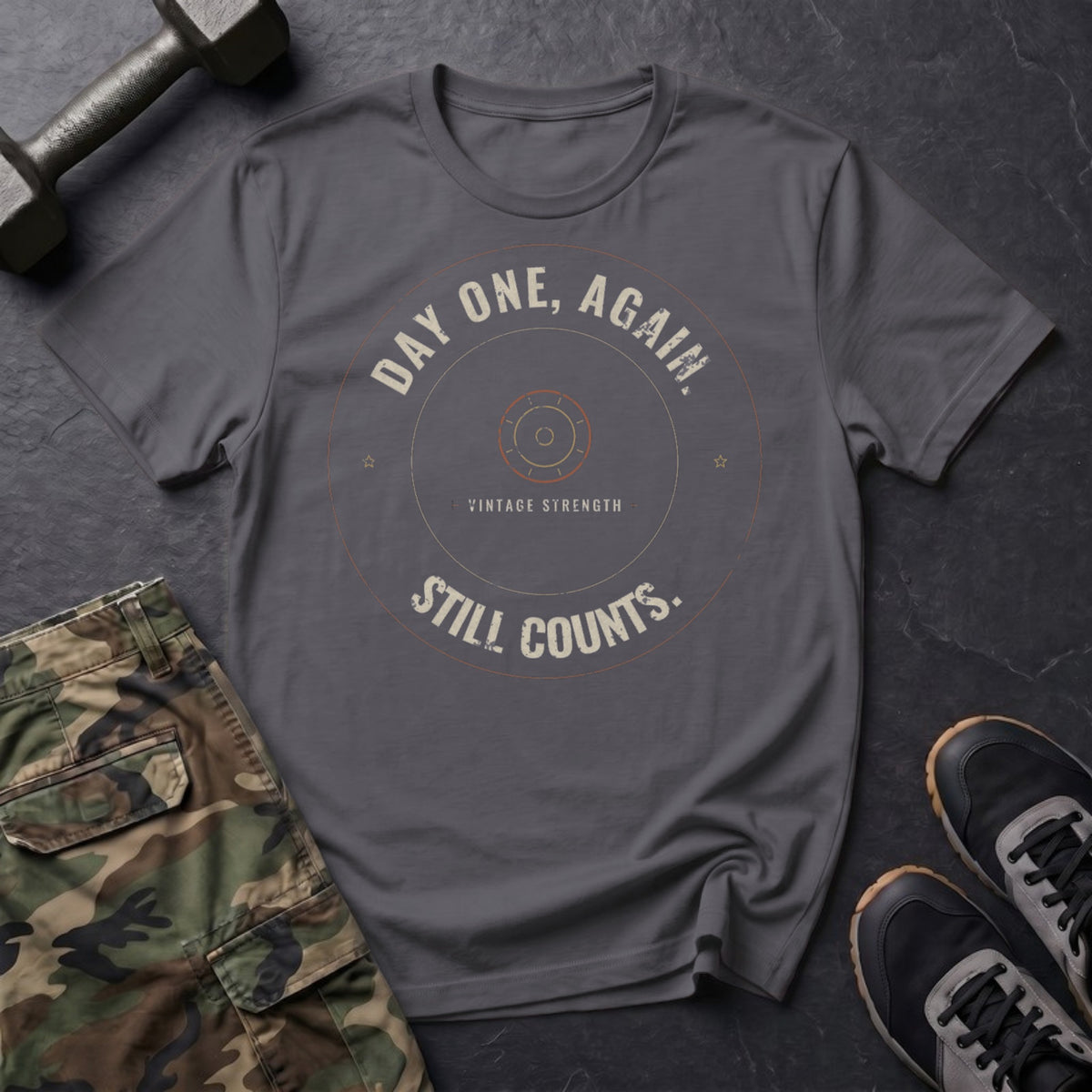 Day One, Again. Still Counts. T-Shirt in Charcoal