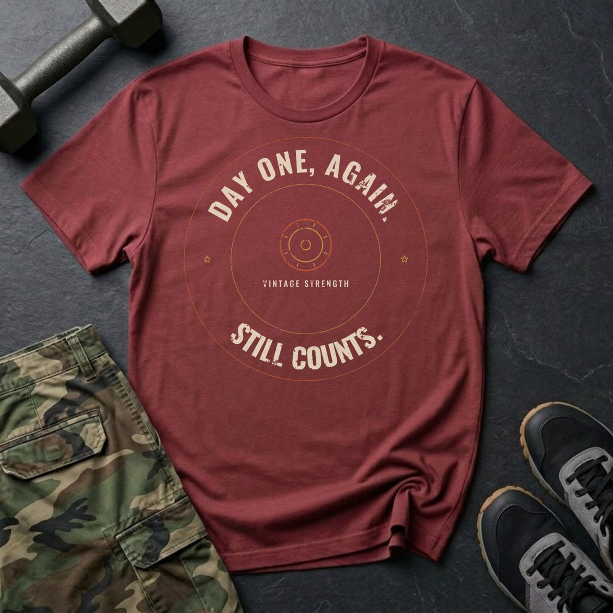 Day One, Again. Still Counts. T-Shirt in Heather Cardinal