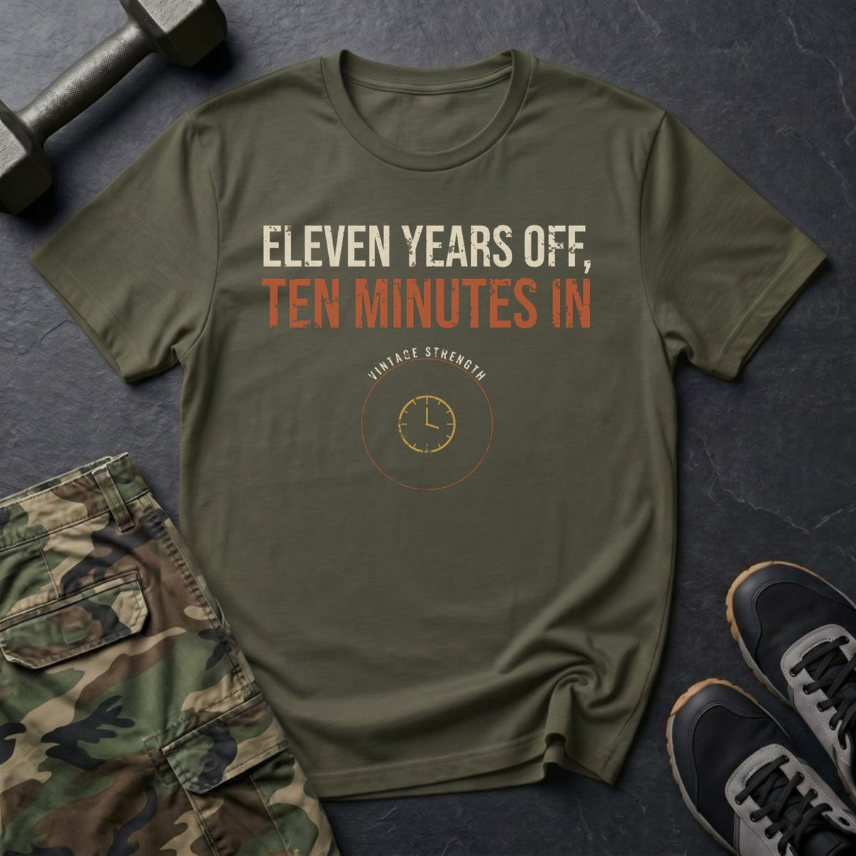 Eleven Years Off, Ten Minutes In T-Shirt in Military Green