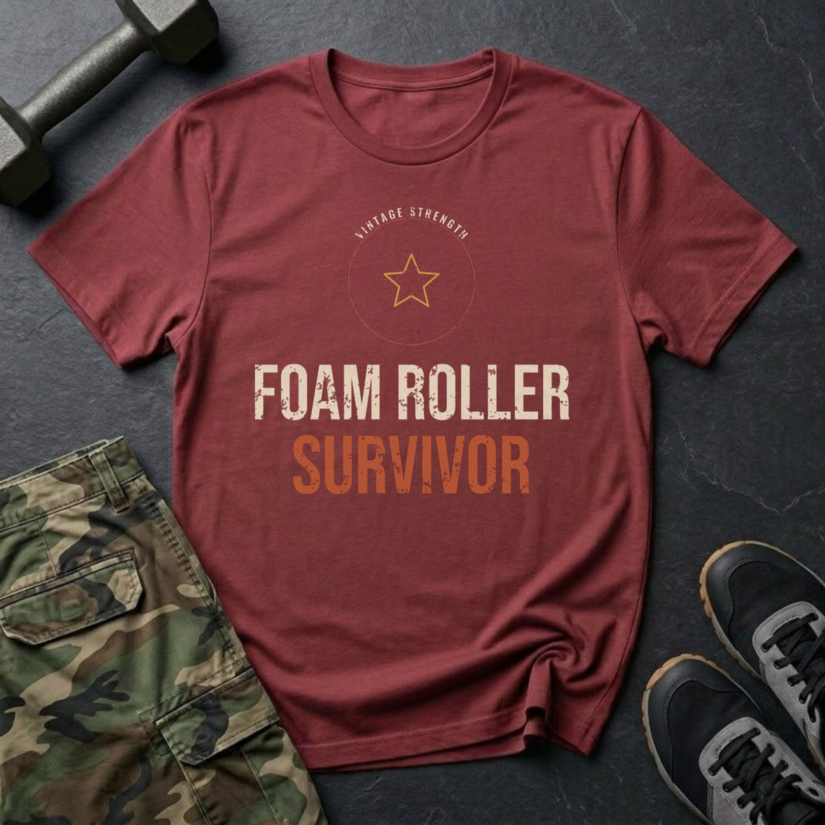 Foam Roller Survivor T-Shirt in Heather Cardinal