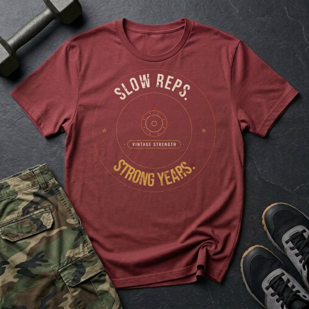 Slow Reps. Strong Years. T-Shirt in Heather Cardinal