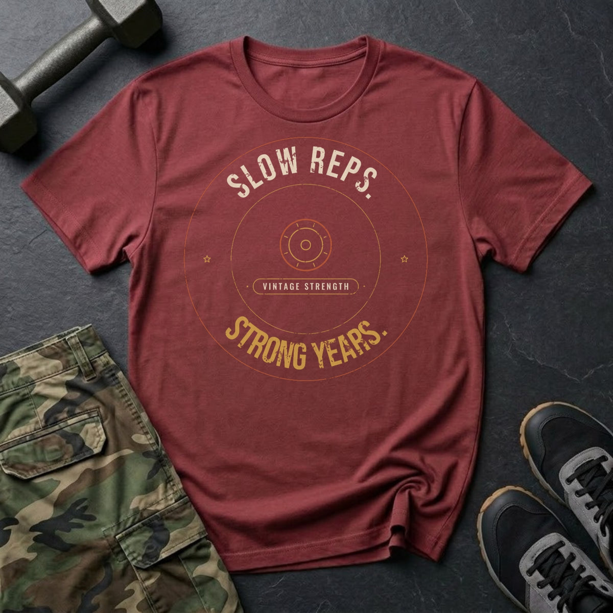 Slow Reps. Strong Years. T-Shirt in Heather Cardinal