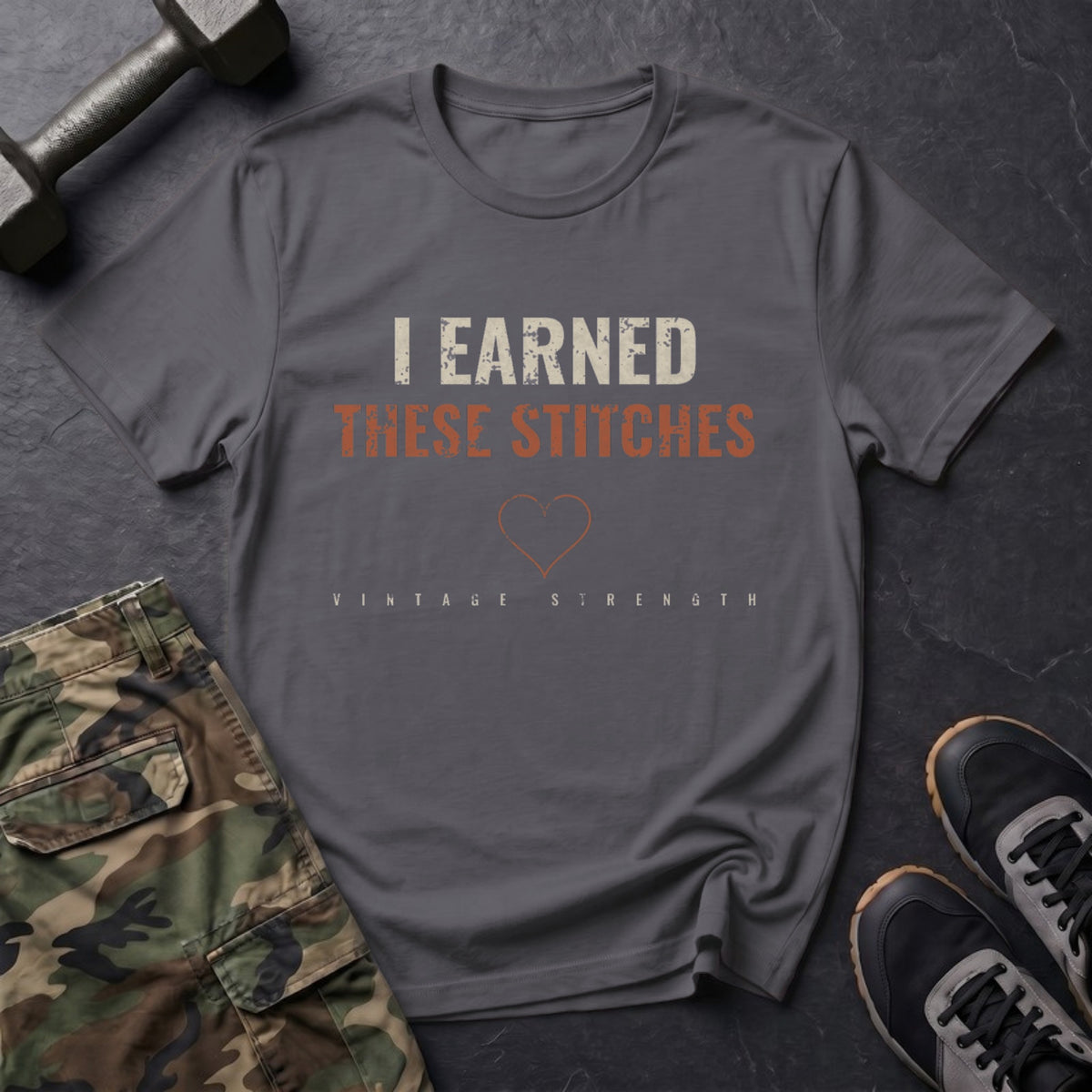 I Earned These Stitches T-Shirt in Charcoal