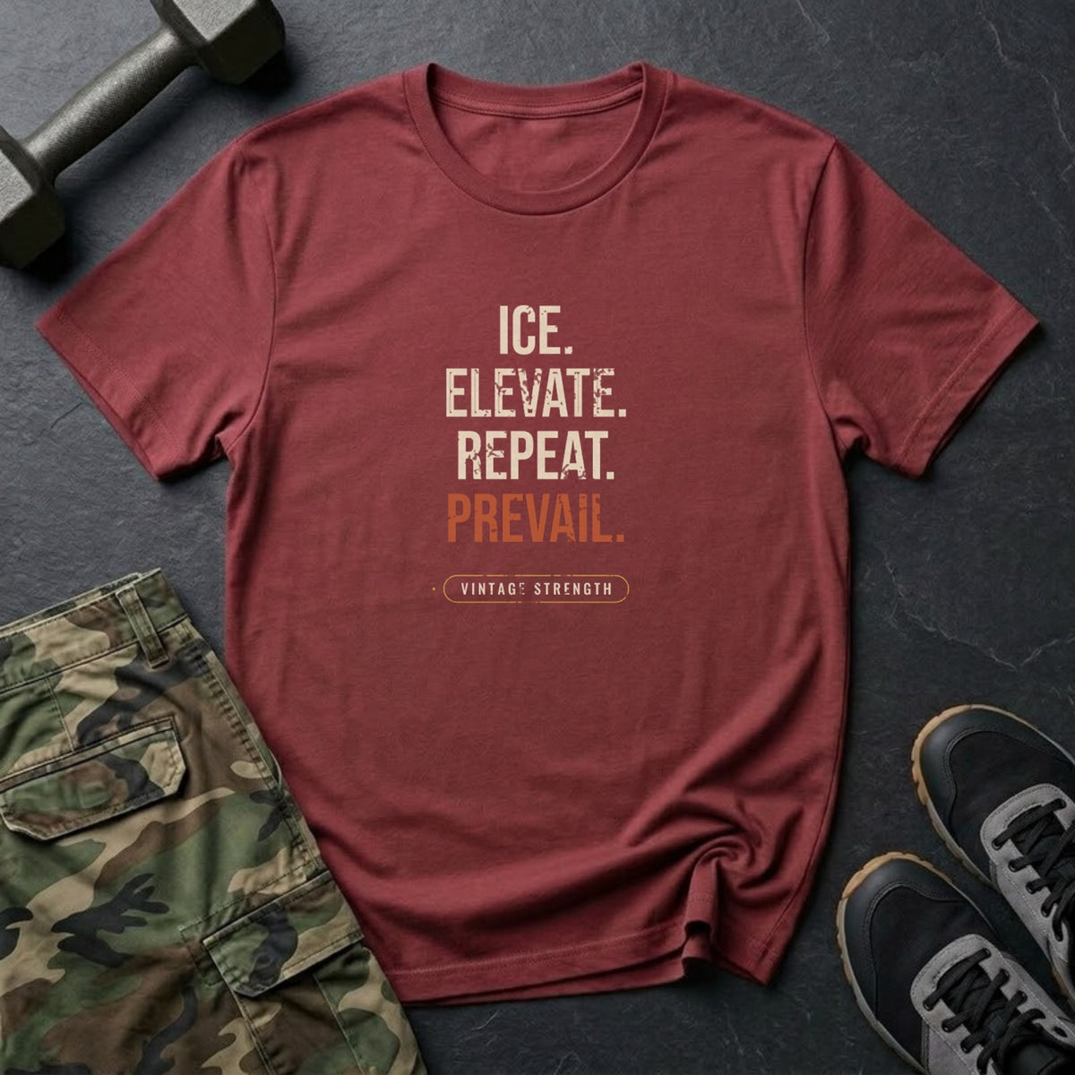 Ice, Elevate, Repeat, Prevail T-Shirt in Heather Cardinal
