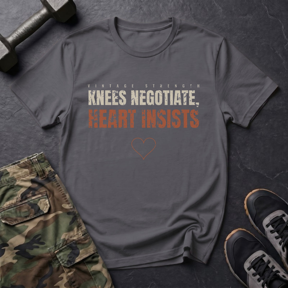 Knees Negotiate, Heart Insists T-Shirt in Charcoal