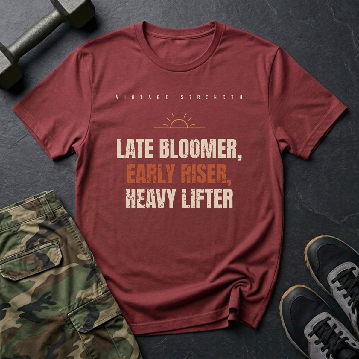 Late Bloomer, Early Riser, Heavy Lifter T-Shirt in Heather Cardinal