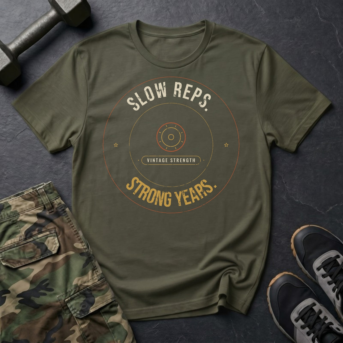 Slow Reps. Strong Years. T-Shirt in Military Green