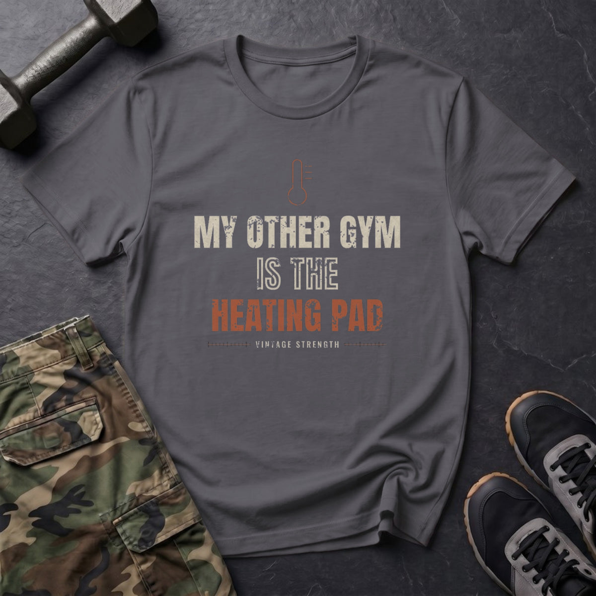 My Other Gym Is the Heating Pad T-Shirt in Charcoal