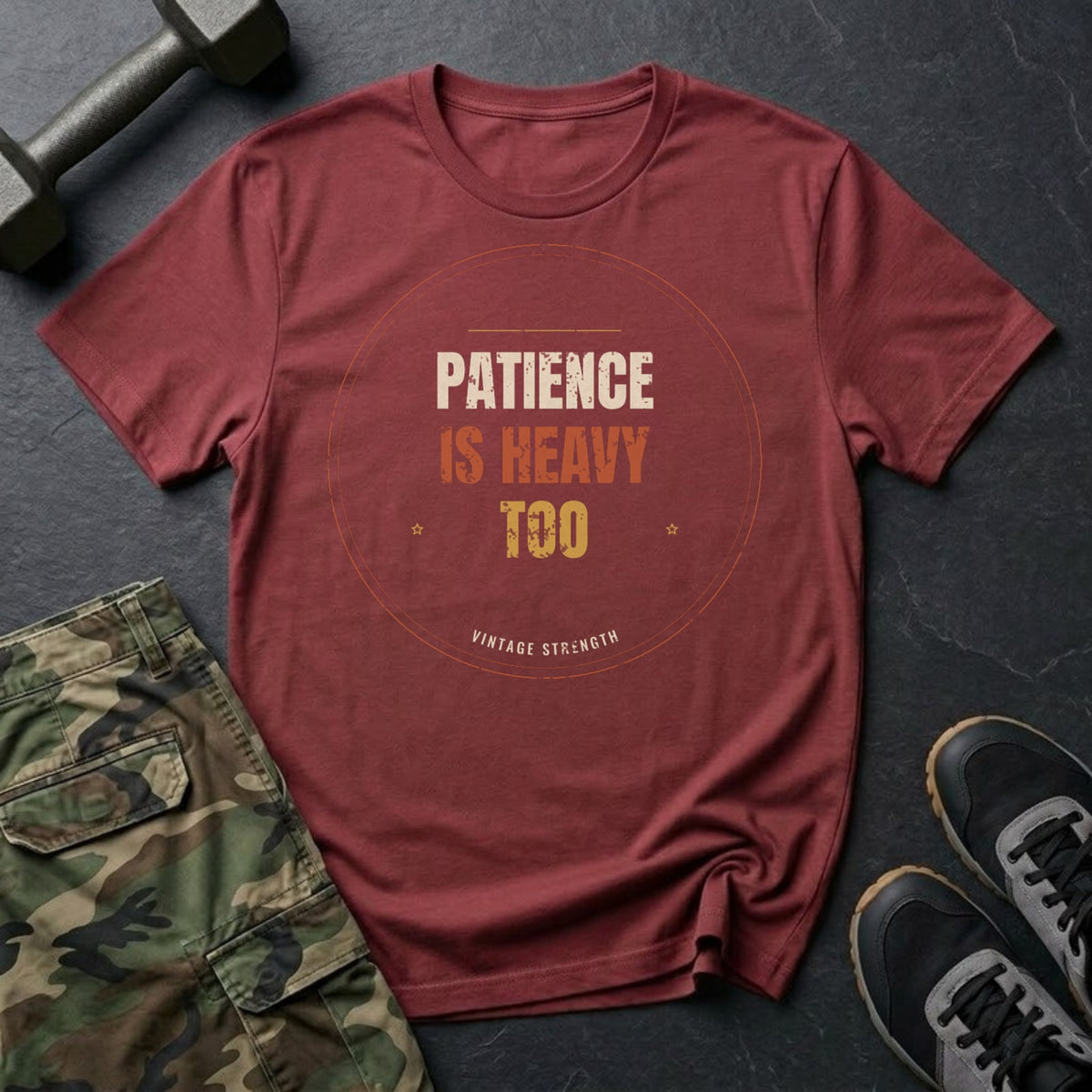 Patience Is Heavy Too T-Shirt in Heather Cardinal