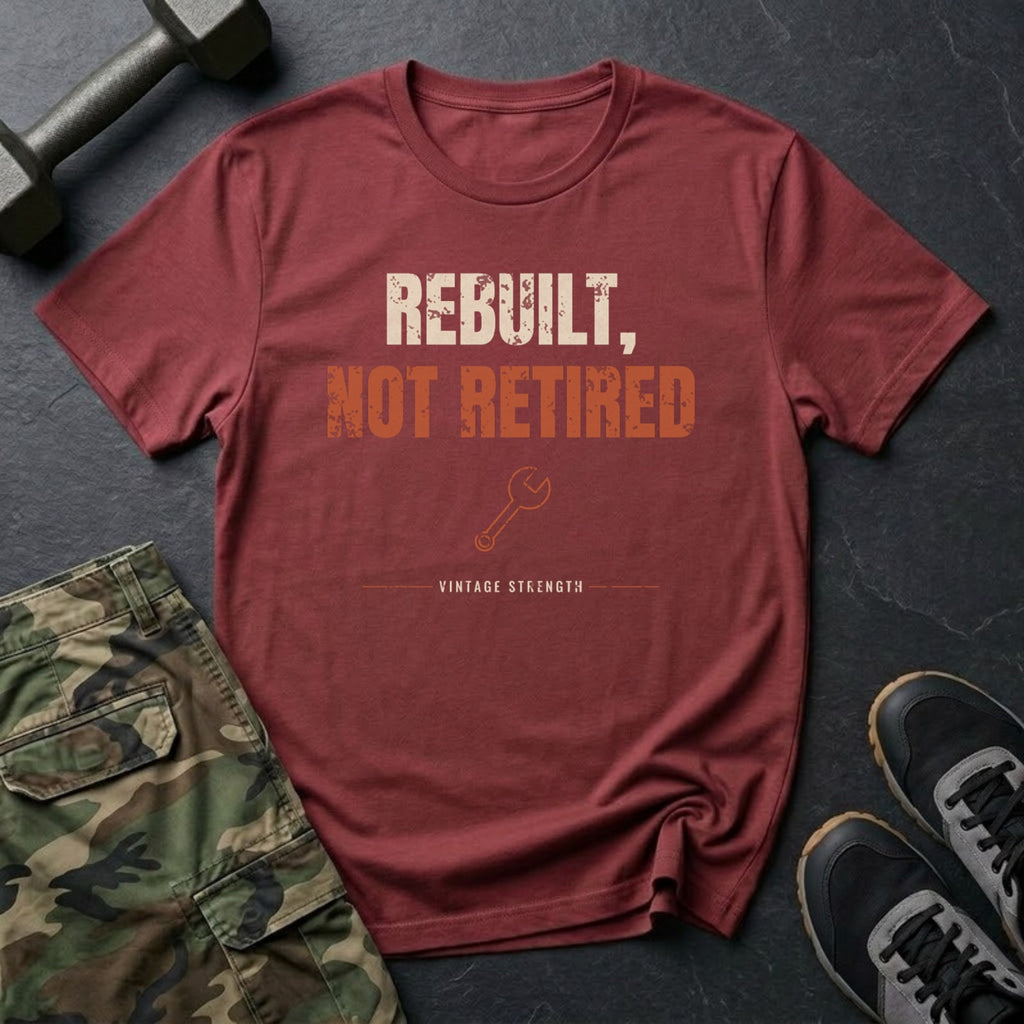 Rebuilt, Not Retired T-Shirt in Heather Cardinal