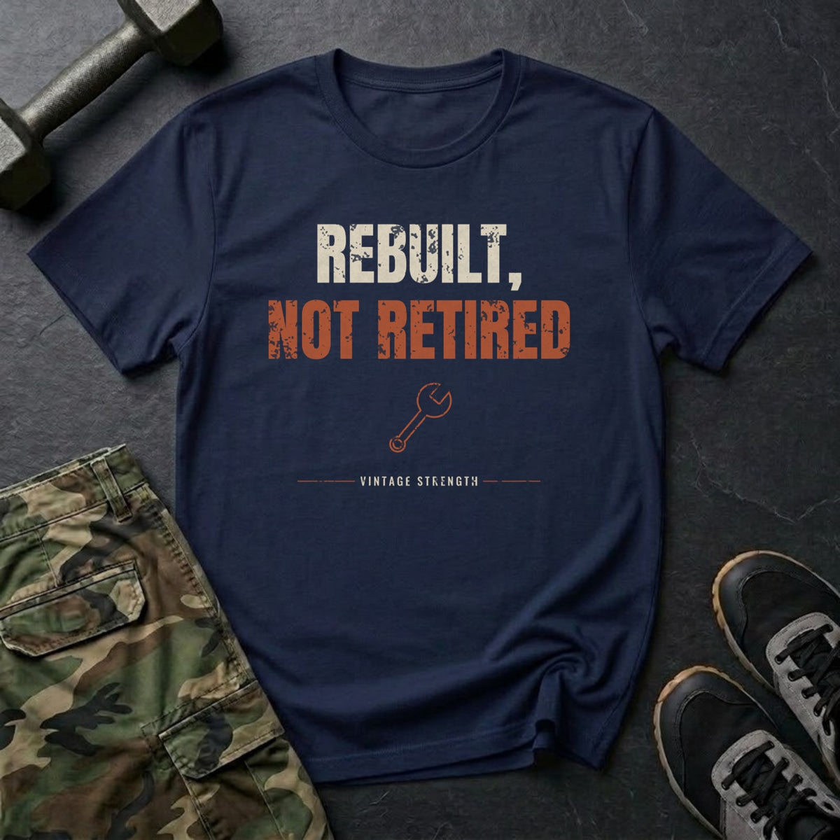 Rebuilt, Not Retired T-Shirt in Navy