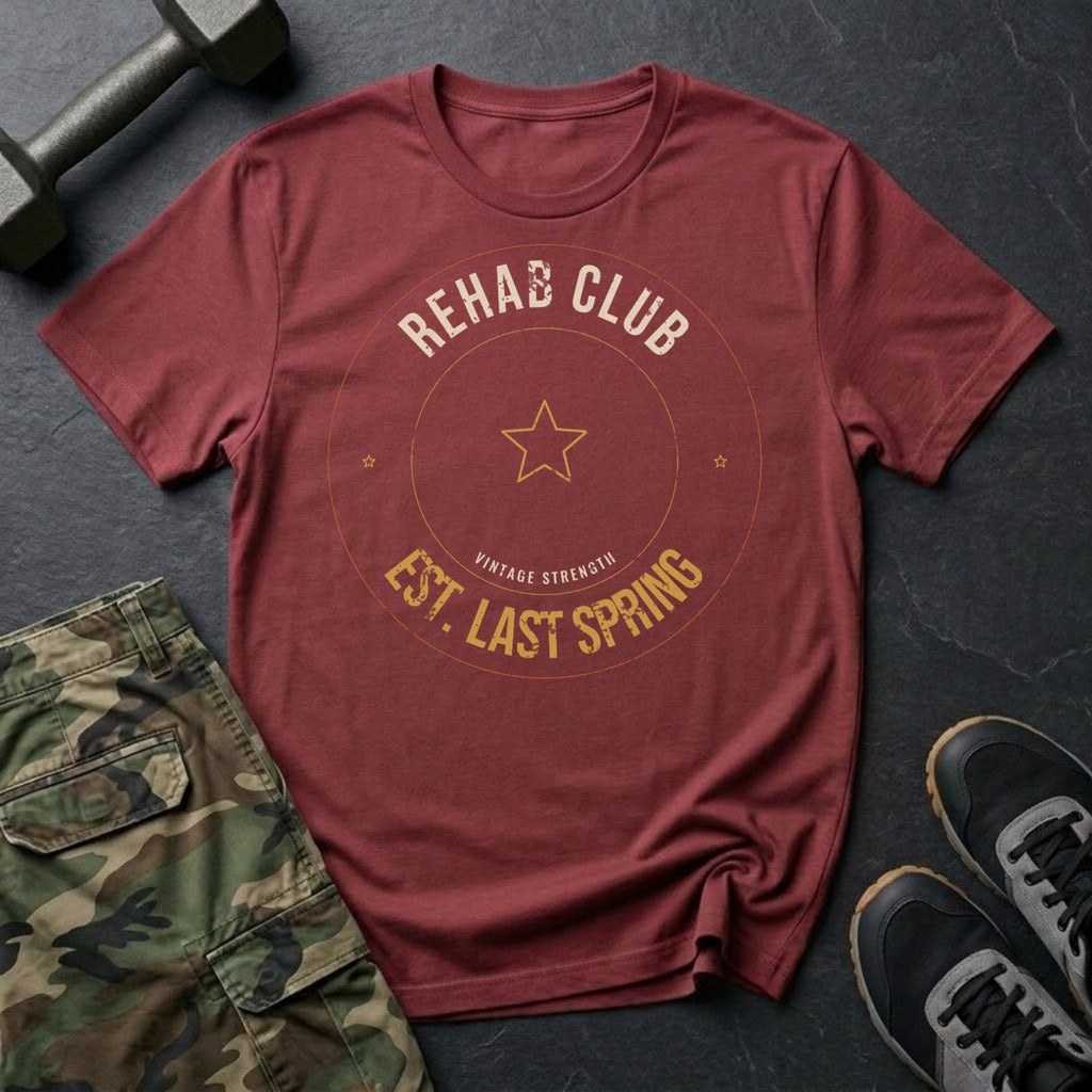 Rehab Club, Est. Last Spring T-Shirt in Heather Cardinal