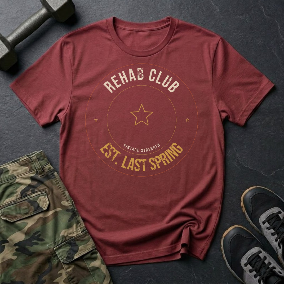 Rehab Club, Est. Last Spring T-Shirt in Heather Cardinal