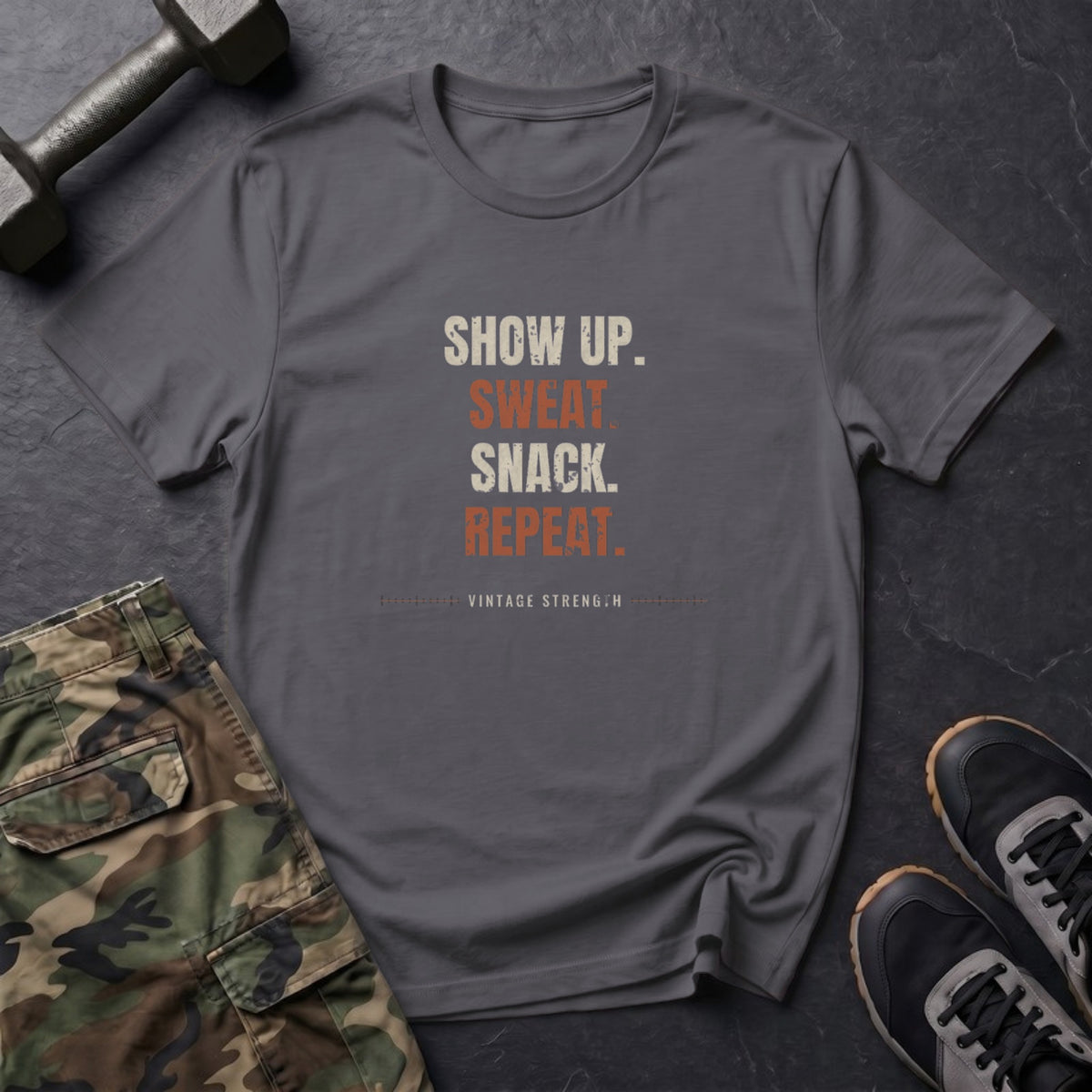 Show Up. Sweat. Snack. Repeat. T-Shirt in Charcoal