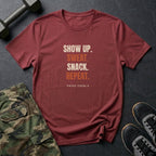 Show Up. Sweat. Snack. Repeat. T-Shirt in Heather Cardinal
