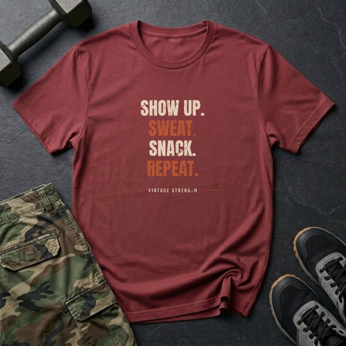 Show Up. Sweat. Snack. Repeat. T-Shirt in Heather Cardinal