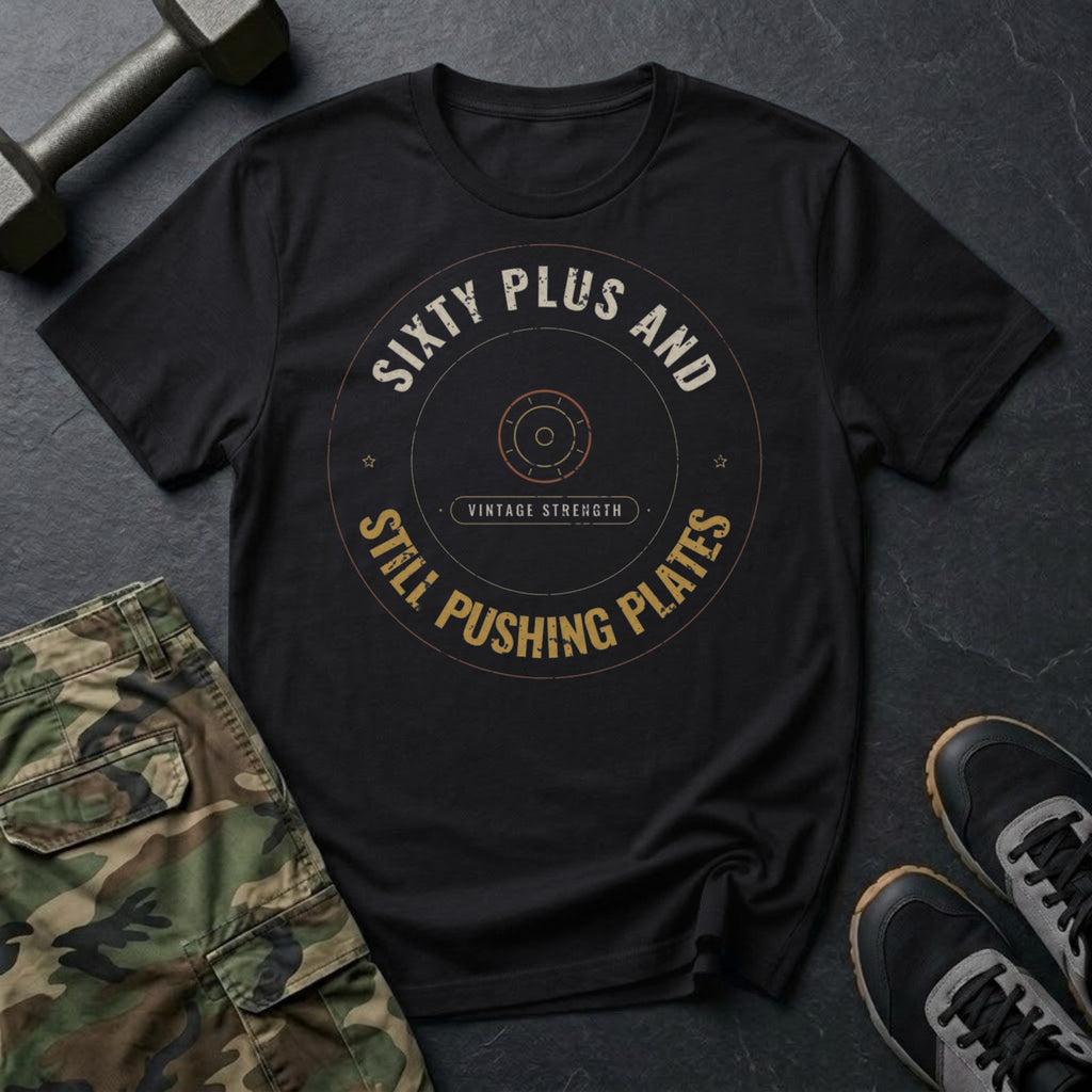 Sixty Plus and Still Pushing Plates T-Shirt in Black