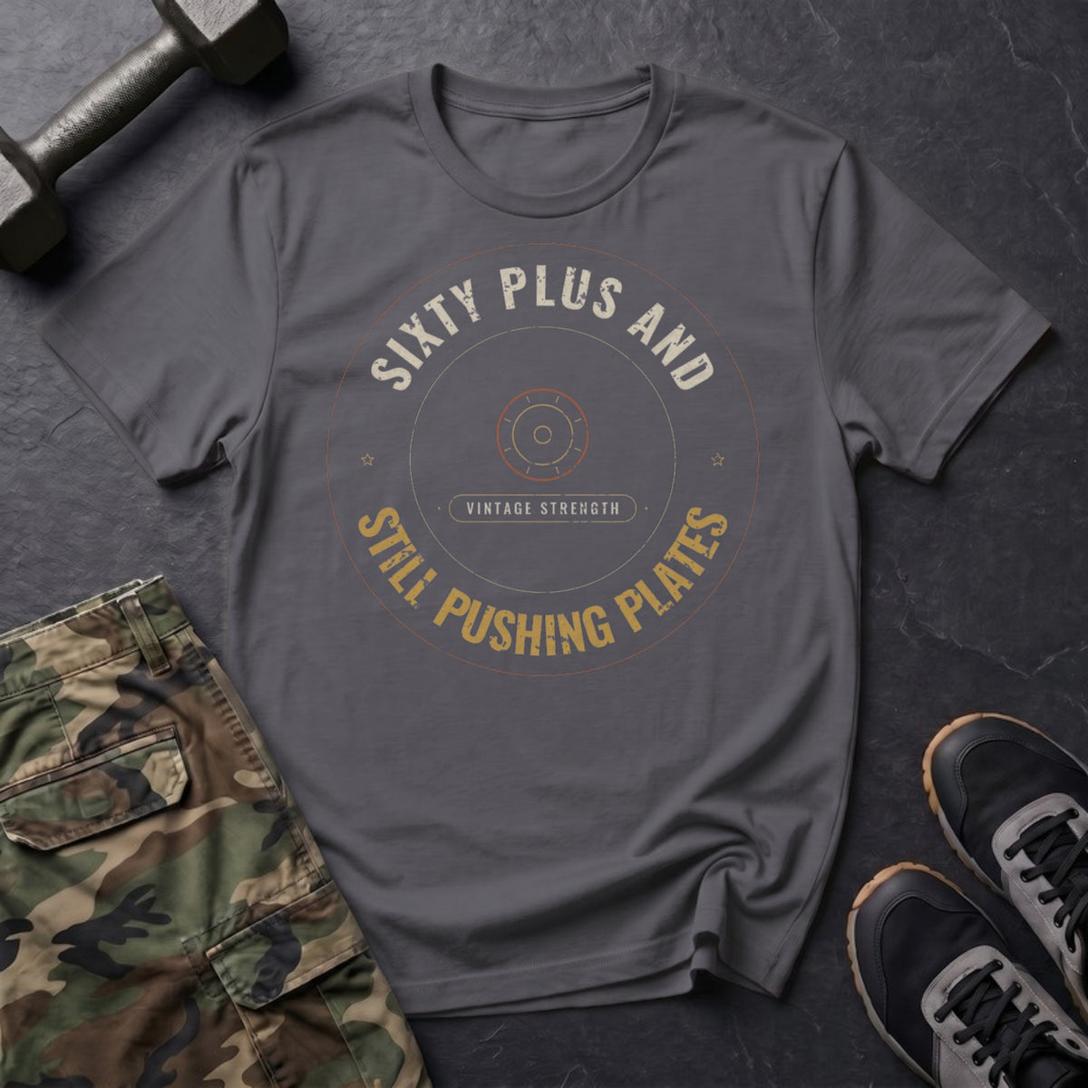 Sixty Plus and Still Pushing Plates T-Shirt in Charcoal