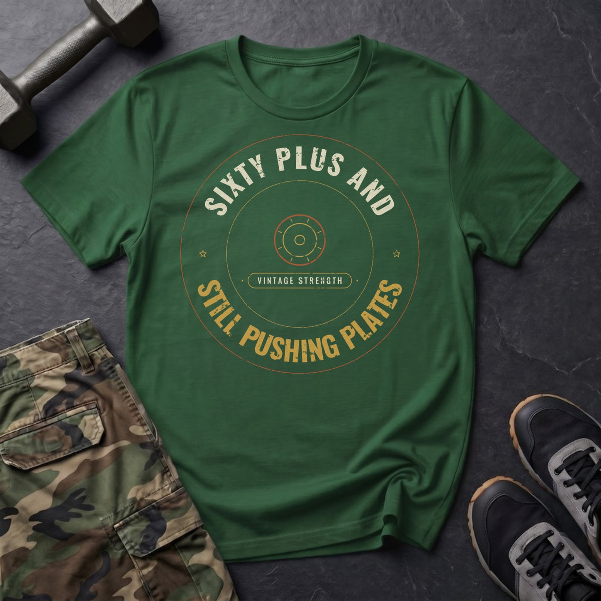 Sixty Plus and Still Pushing Plates T-Shirt in Forest Green