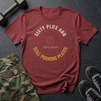 Sixty Plus and Still Pushing Plates T-Shirt in Heather Cardinal