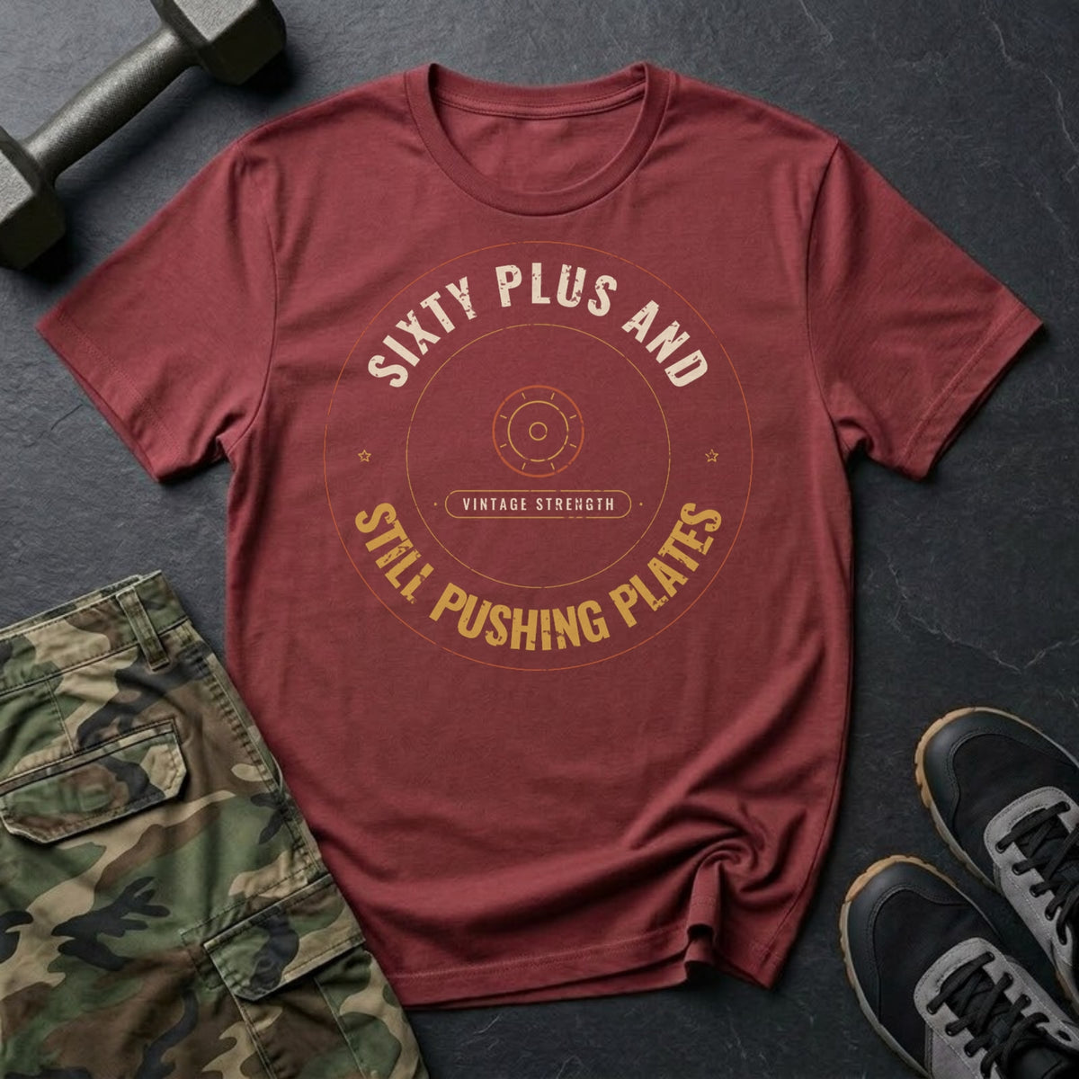 Sixty Plus and Still Pushing Plates T-Shirt in Heather Cardinal