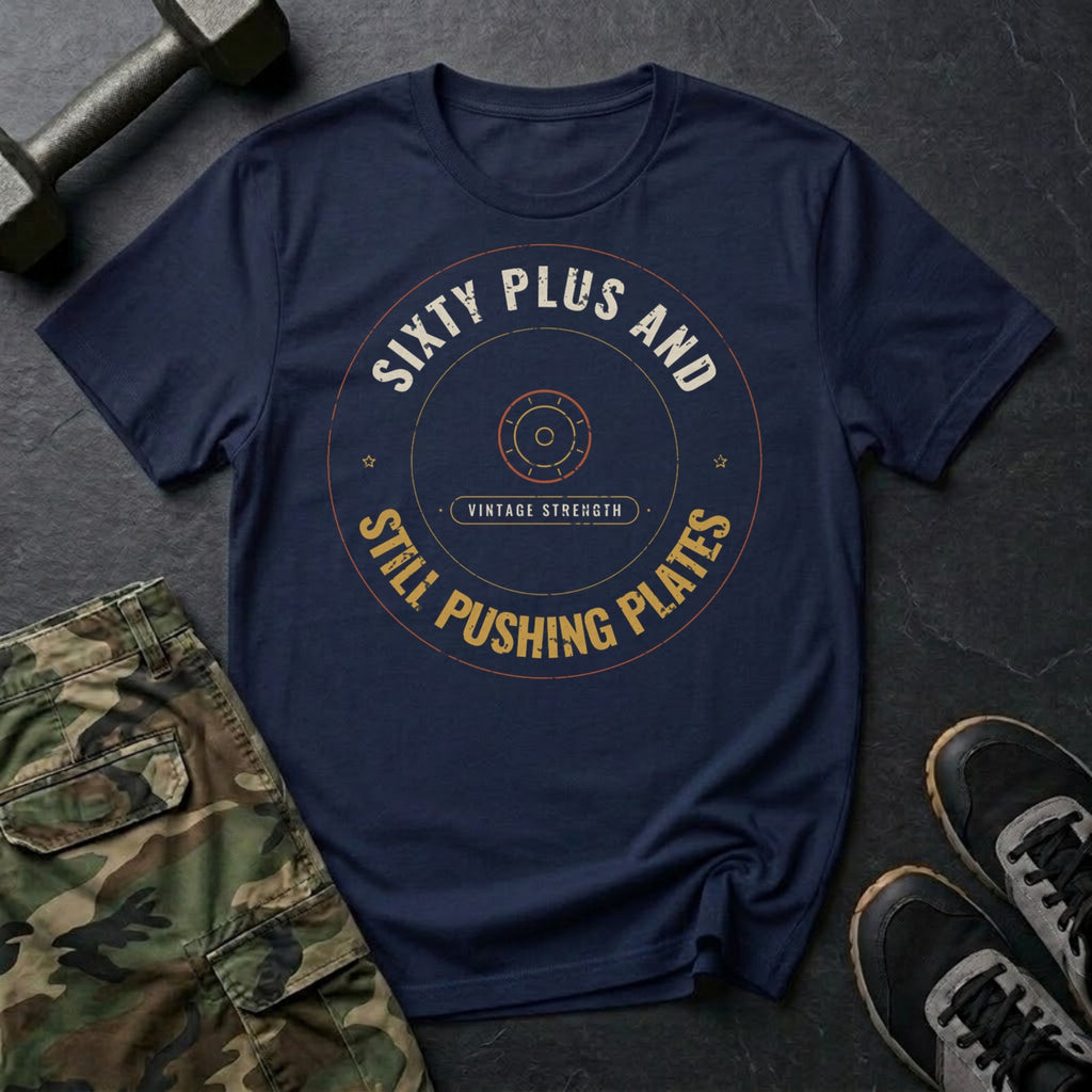 Sixty Plus and Still Pushing Plates T-Shirt in Navy