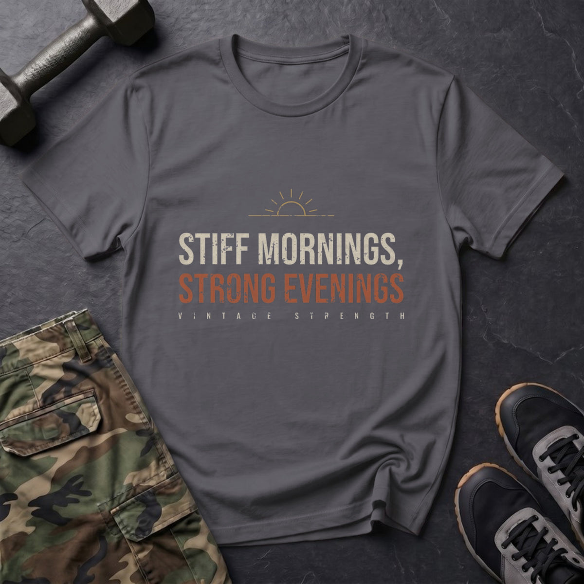 Stiff Mornings, Strong Evenings T-Shirt in Charcoal