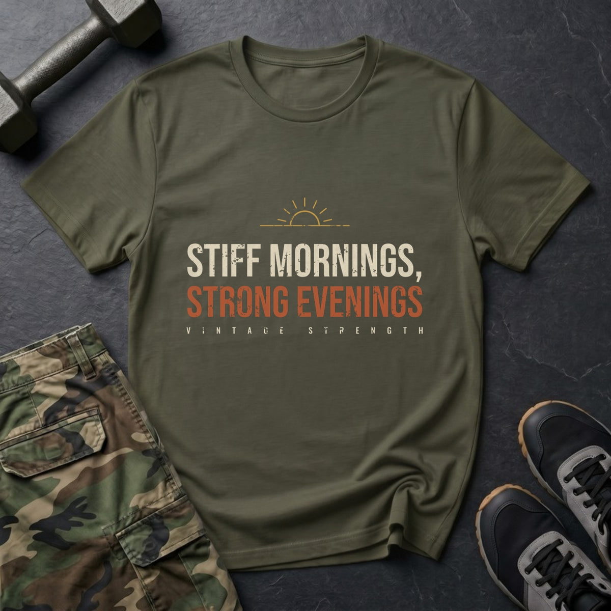 Stiff Mornings, Strong Evenings T-Shirt in Military Green